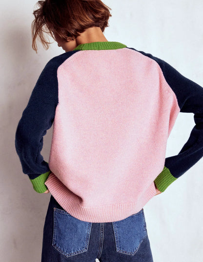 Marion Merino Sweater-French Pink, Navy Colour Block