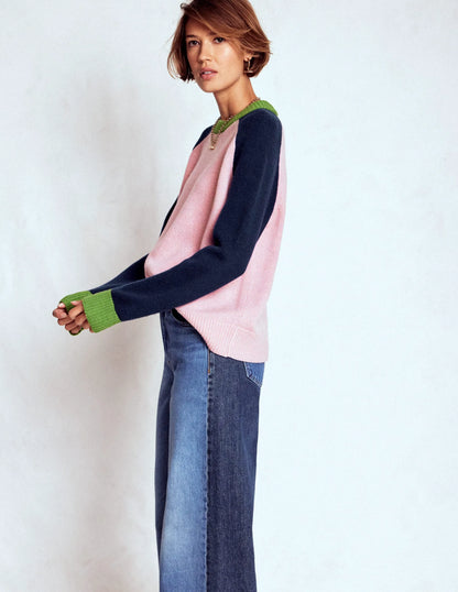 Marion Merino Sweater-French Pink, Navy Colour Block