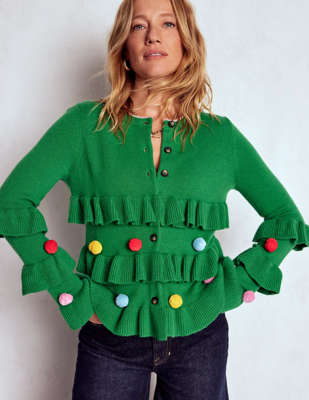 Festive Embroidered Cardigan-Sapling Green