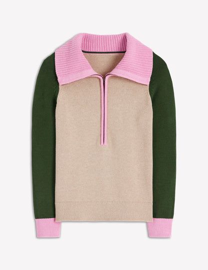 Lucy Half Zip Sweater-Chinchilla Melange, Green Fir