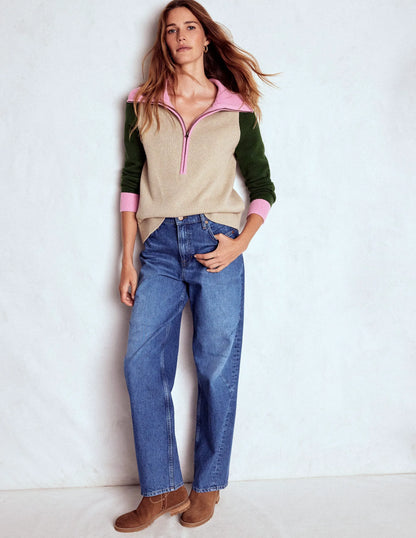 Lucy Half Zip Sweater-Chinchilla Melange, Green Fir