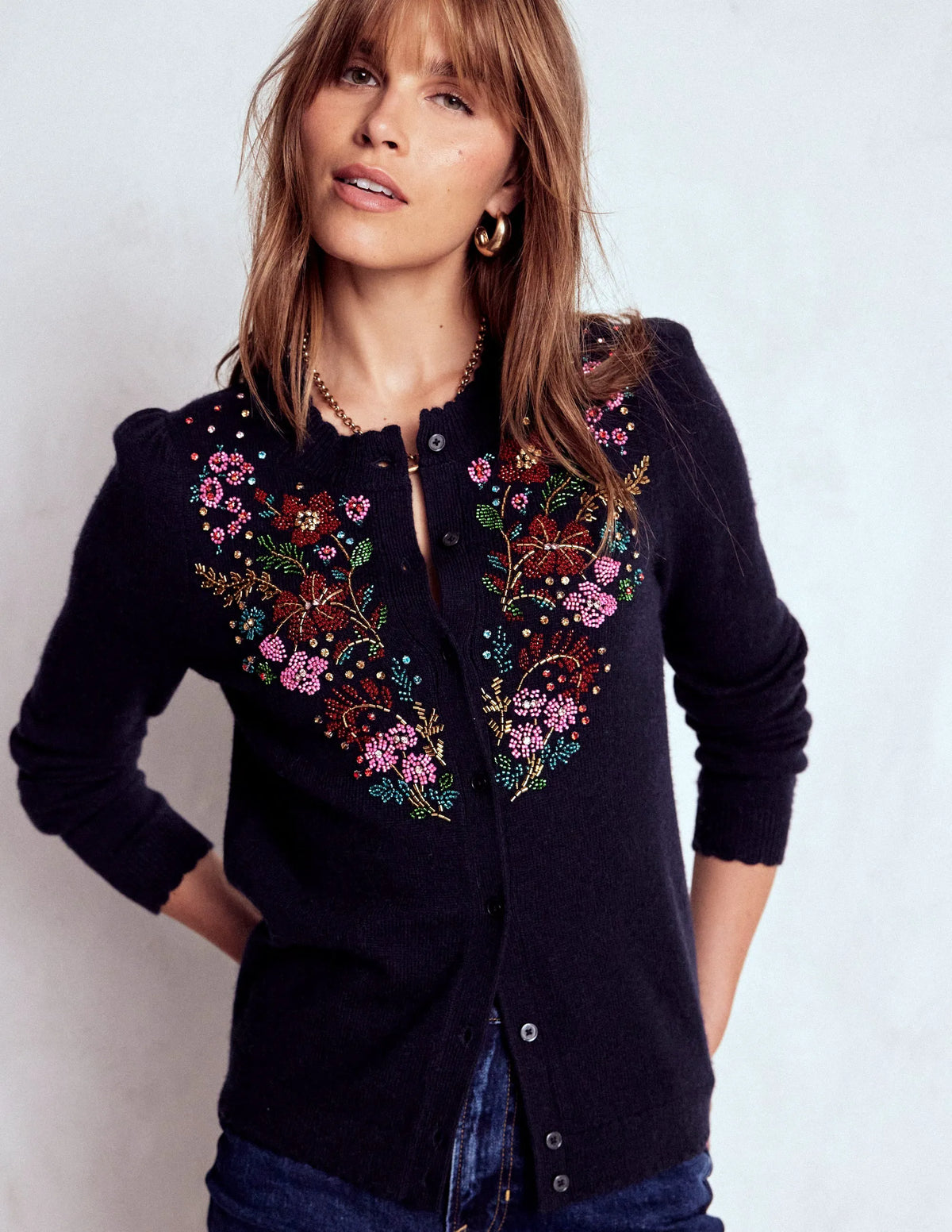 Elizabeth Embellished Cardigan-Navy, Floral Embellishment