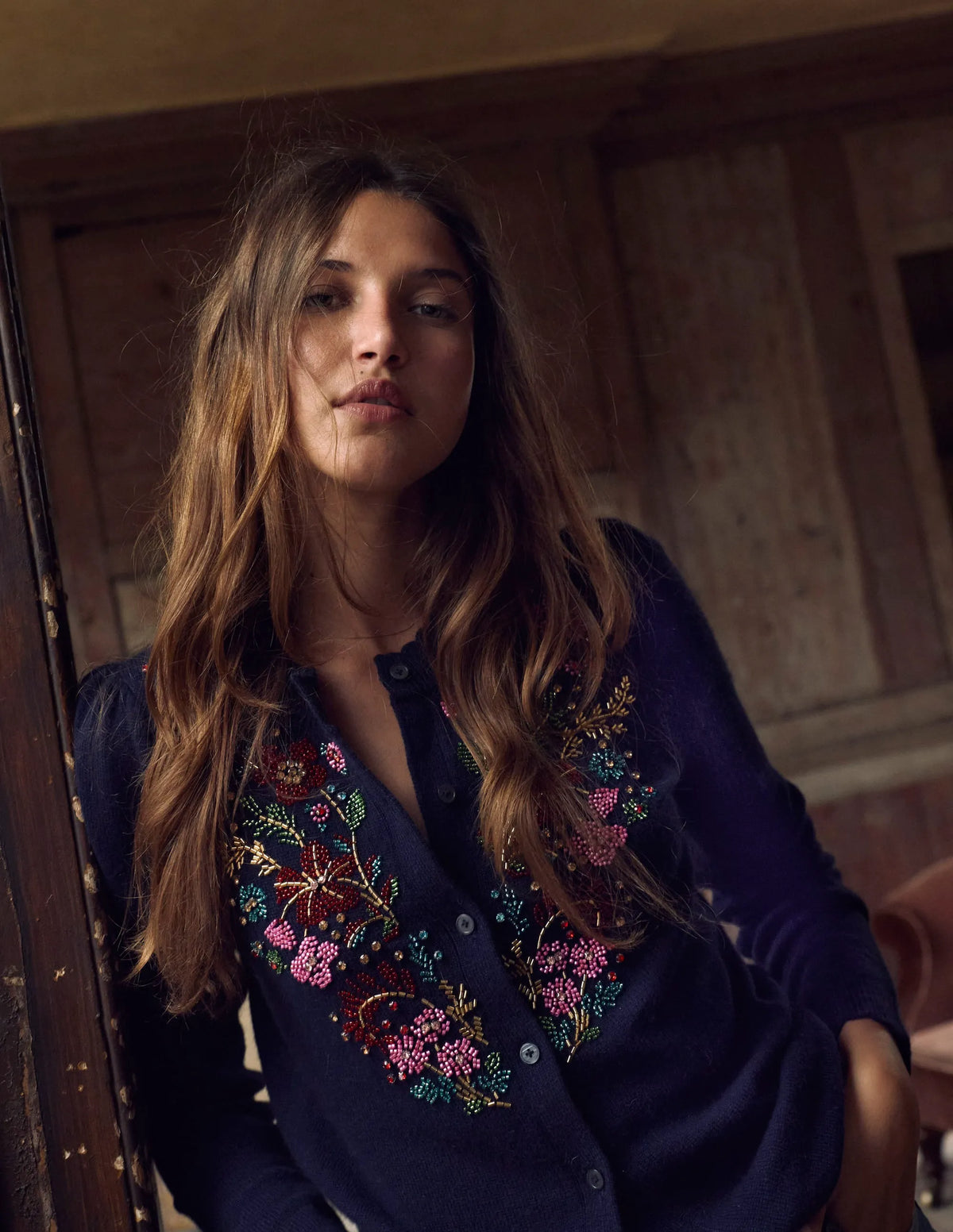 Elizabeth Embellished Cardigan-Navy, Floral Embellishment