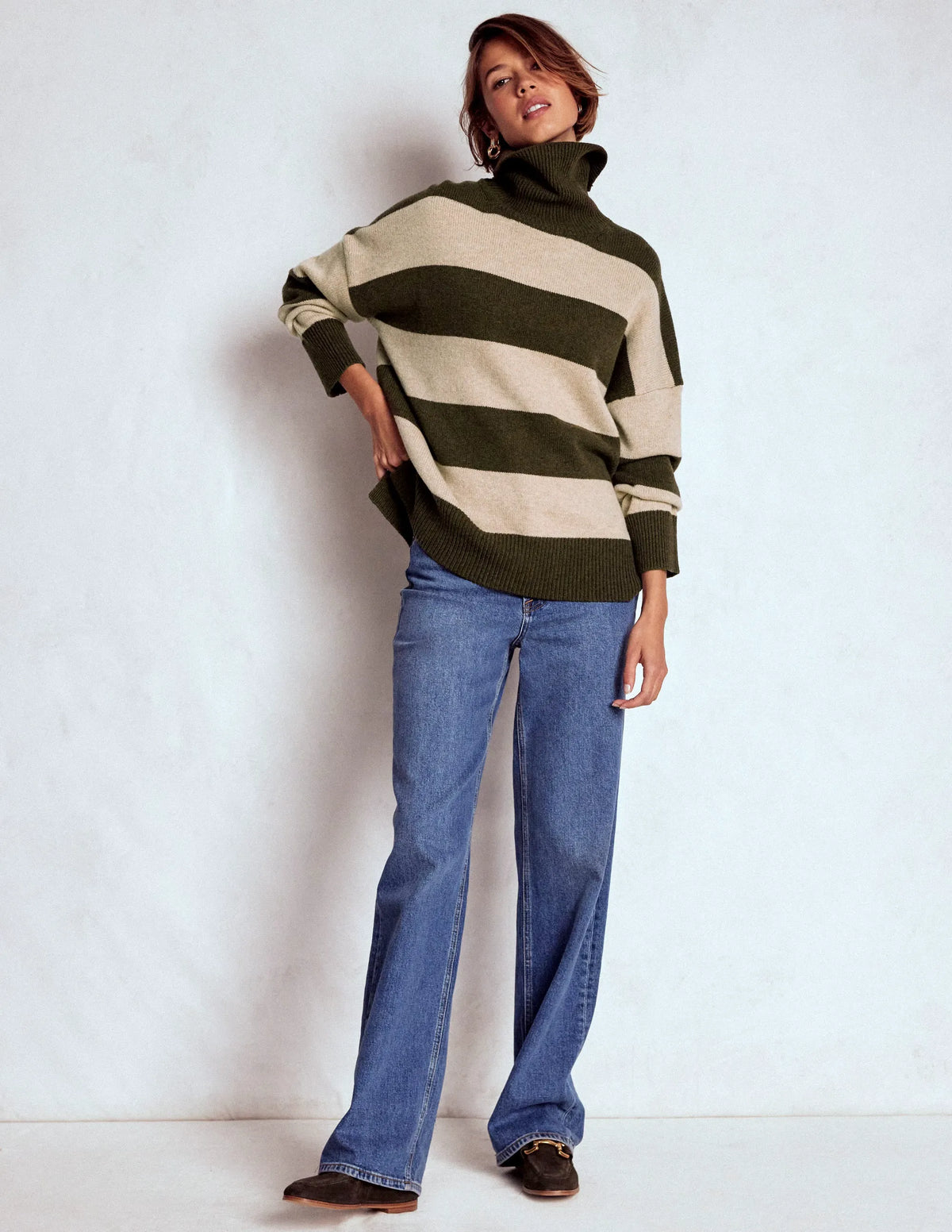 Polly Merino Roll Neck Sweater-Marsh, Linen Stripe
