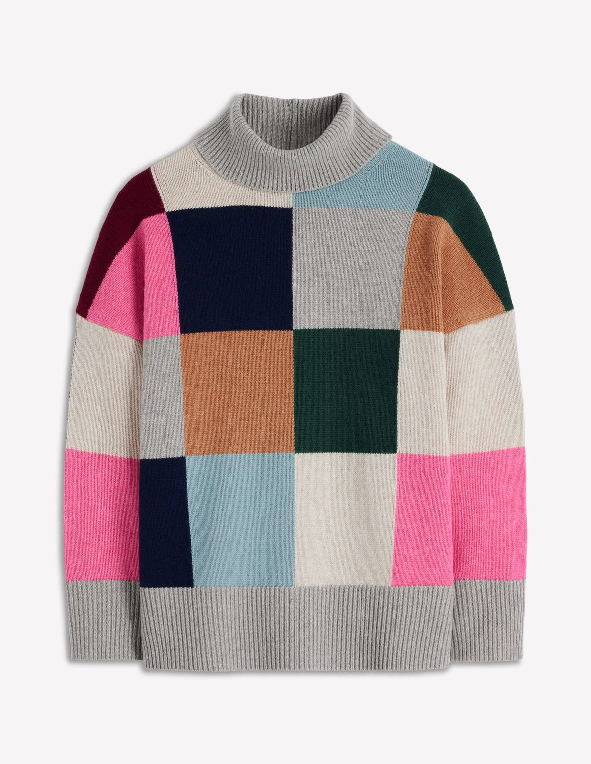 Polly Merino Roll Neck Sweater-Grey Marl Check