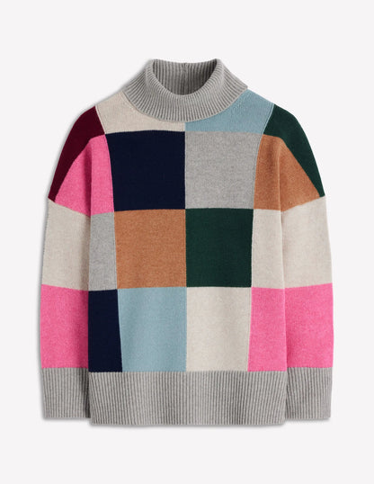 Polly Merino Roll Neck Sweater-Grey Marl Check