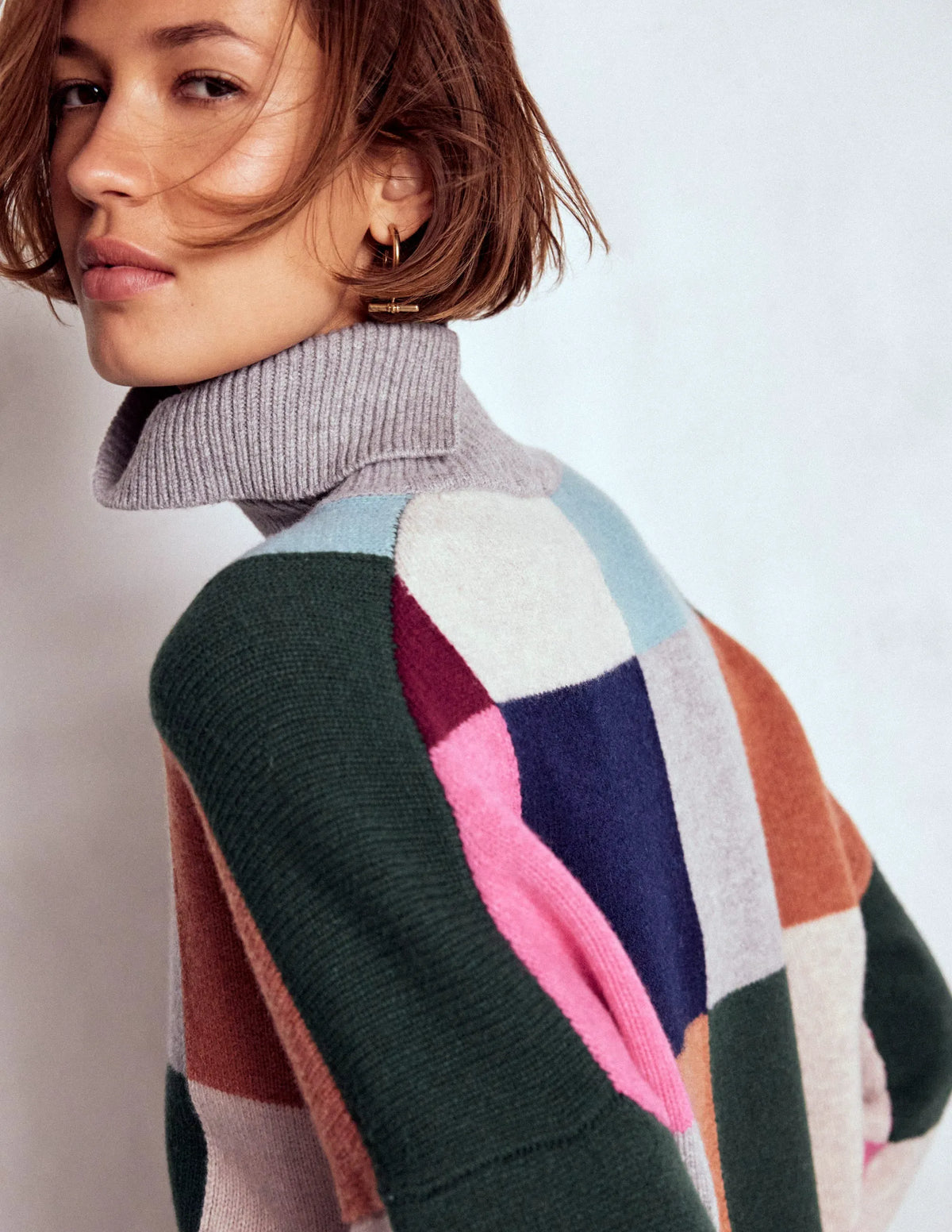 Polly Merino Roll Neck Sweater-Grey Marl Check