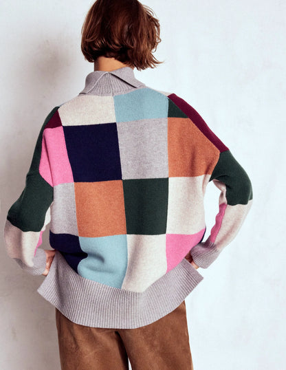 Polly Merino Roll Neck Sweater-Grey Marl Check