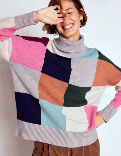 Polly Merino Roll Neck Sweater-Grey Marl Check