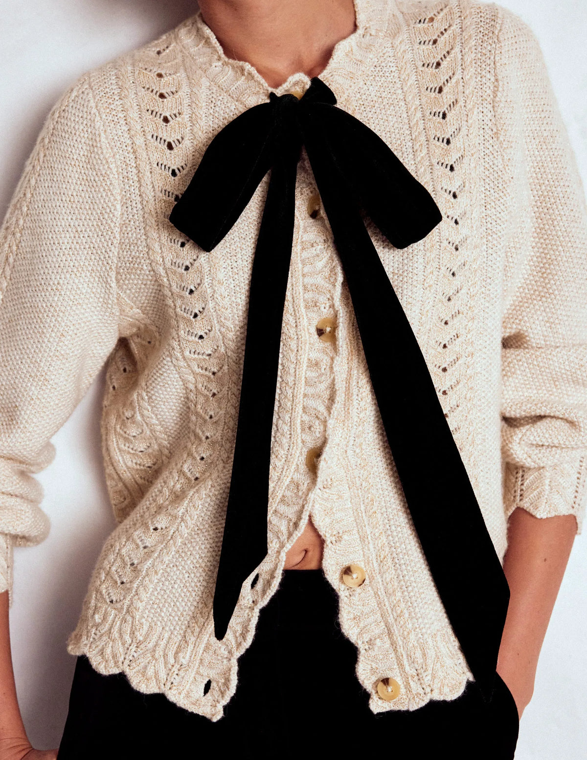 Velvet Bow Cable Cardigan-Gold Sparkle