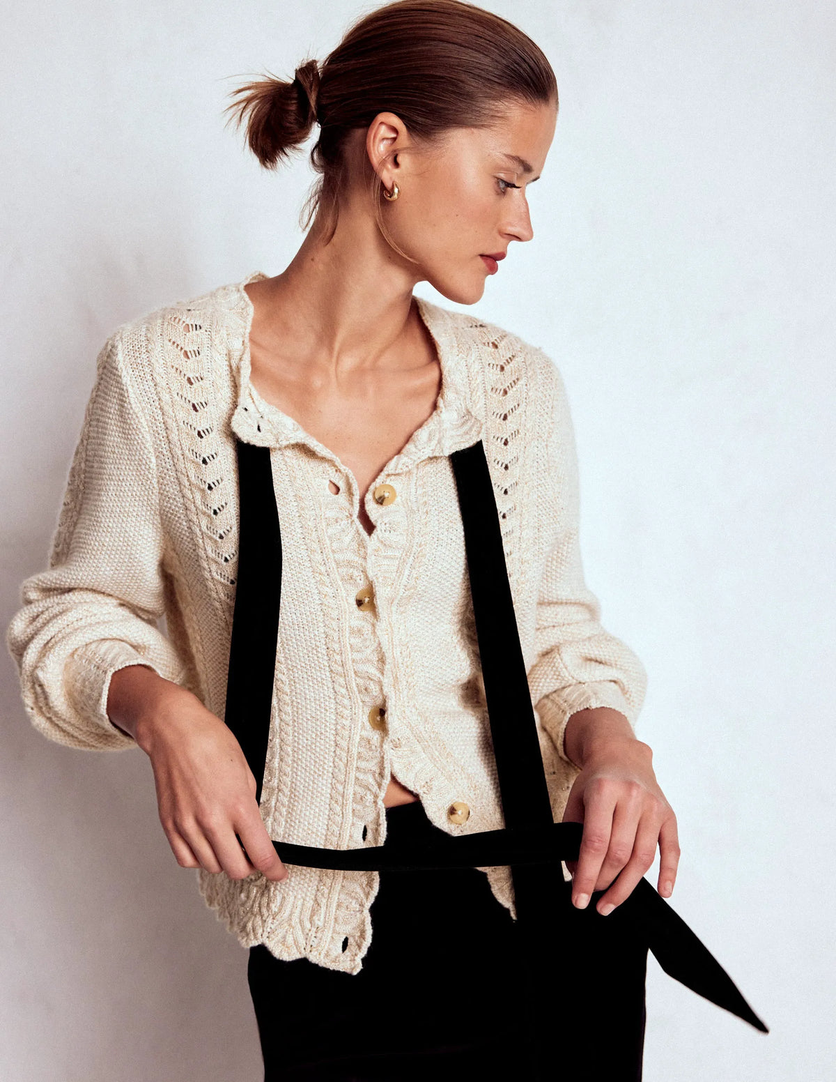 Velvet Bow Cable Cardigan-Gold Sparkle