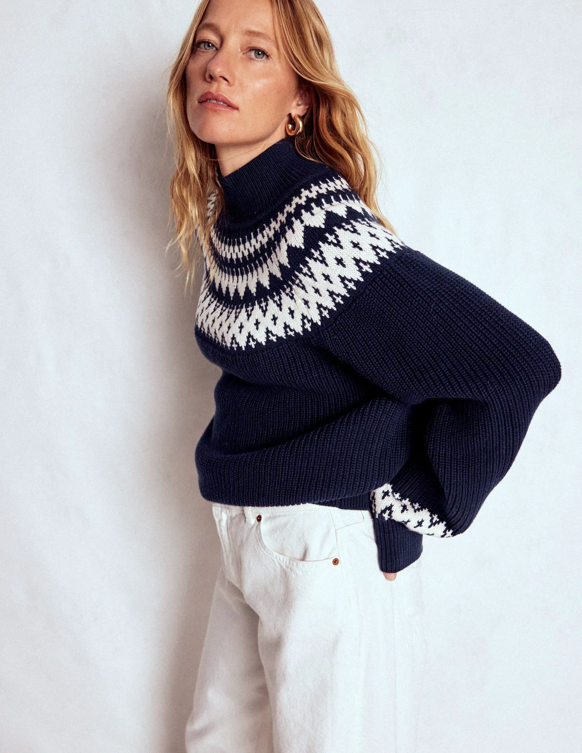 Bianca Cotton Ribbed Sweater-Navy Fair Isle