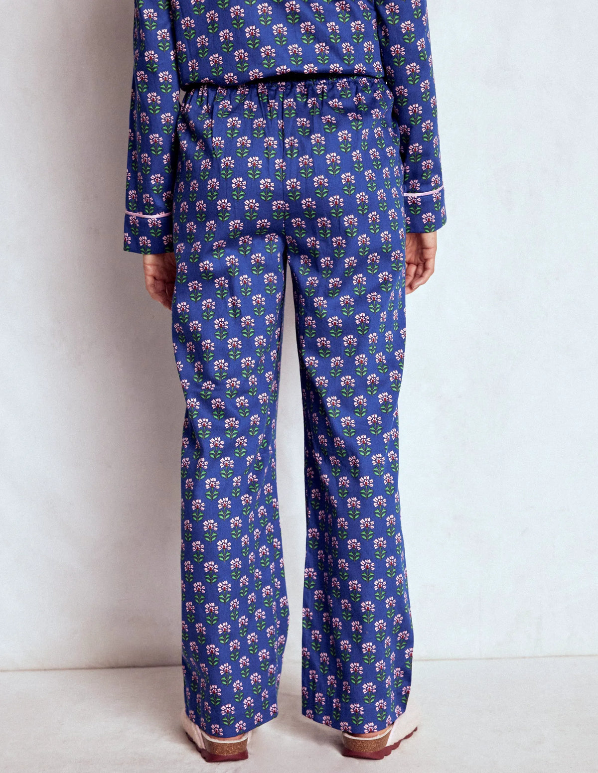Cotton Pajama Pants-Bright Blue, Woodblock Flower