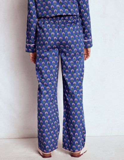 Cotton Pajama Pants-Bright Blue, Woodblock Flower