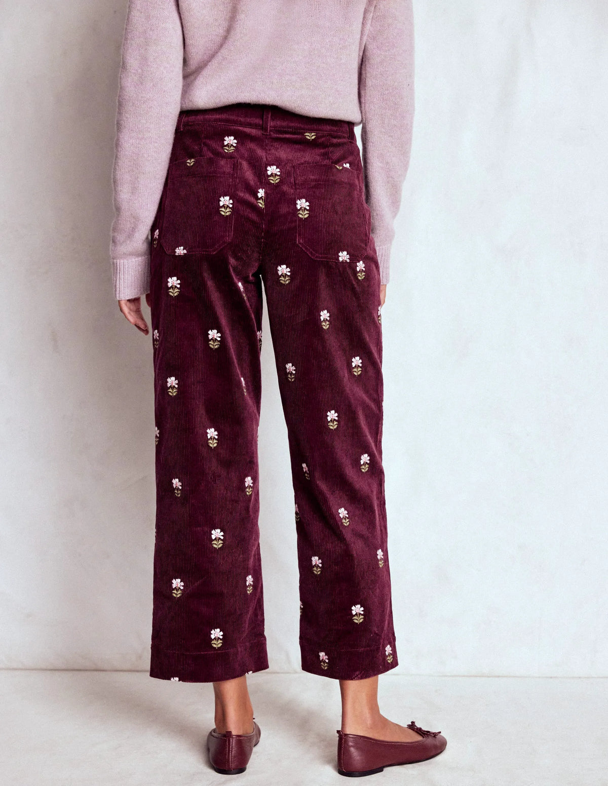Primrose Cord Pants-Dark Cherry Embroidery