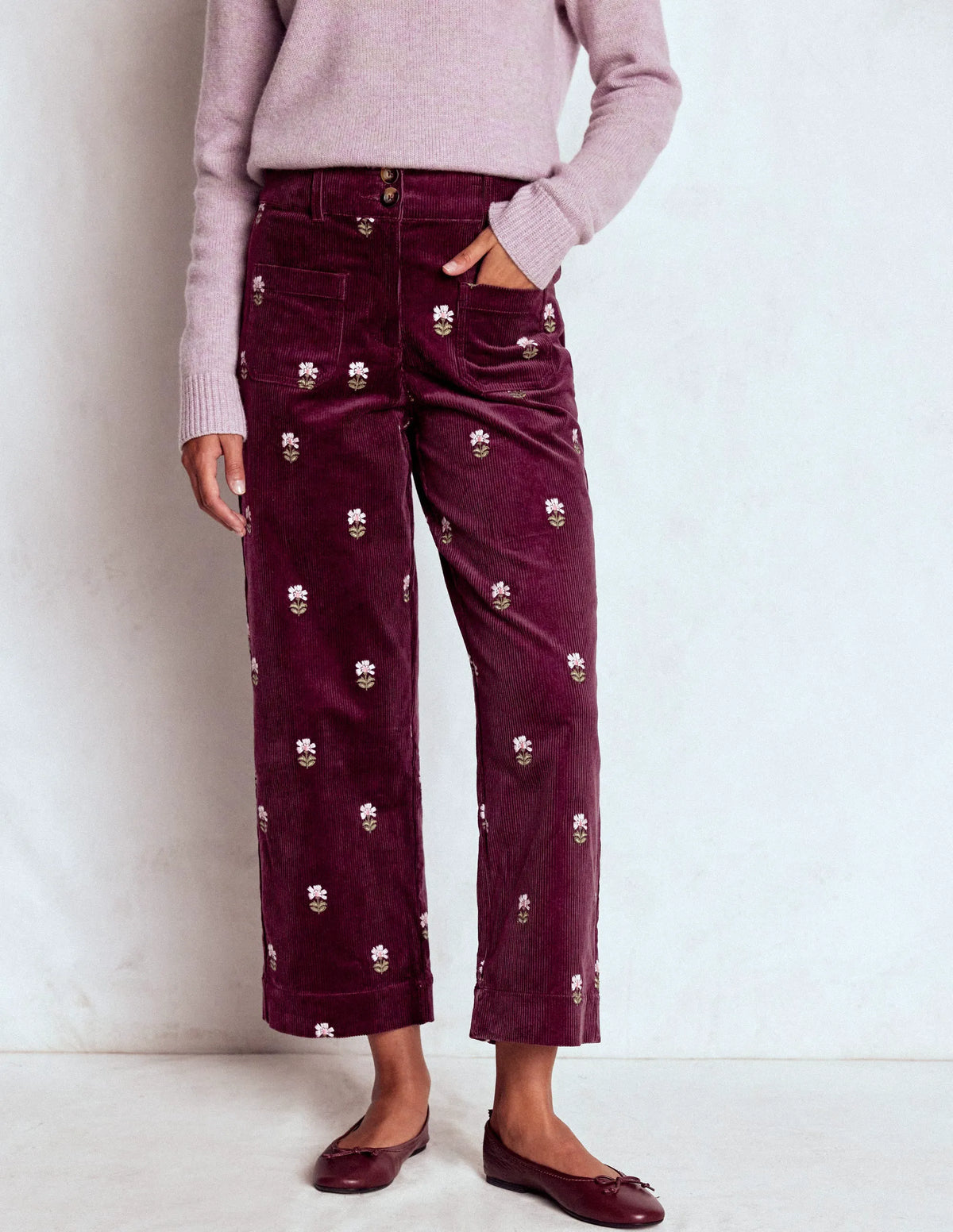Primrose Cord Pants-Dark Cherry Embroidery