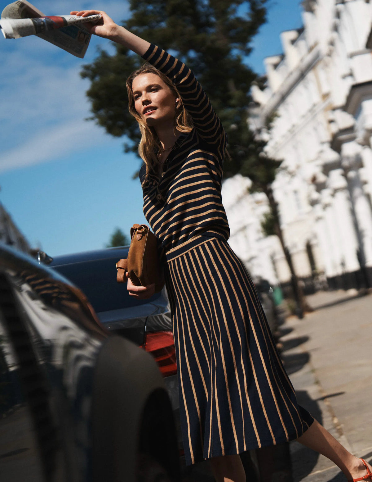 Liz Knitted Midi Skirt-Navy and Camel Stripe