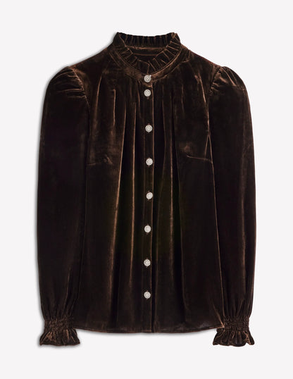 Lorna Pleat Neck Velvet Top-Espresso