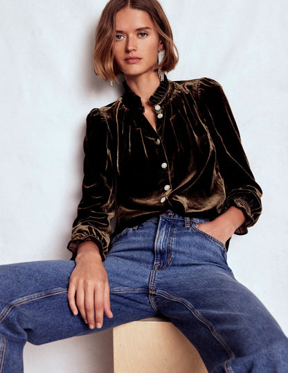 Lorna Pleat Neck Velvet Top-Espresso