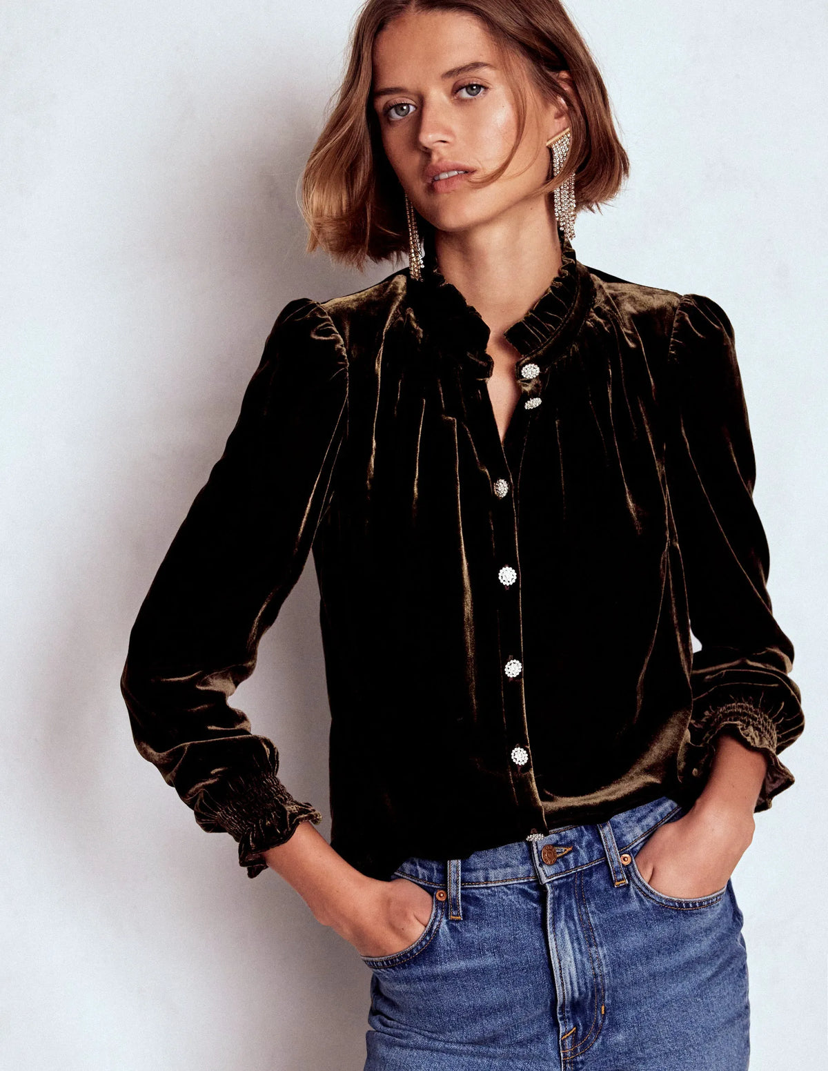 Lorna Pleat Neck Velvet Top-Espresso