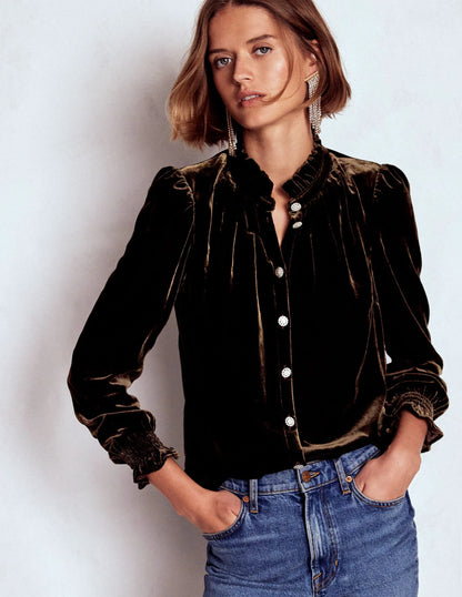 Lorna Pleat Neck Velvet Top-Espresso