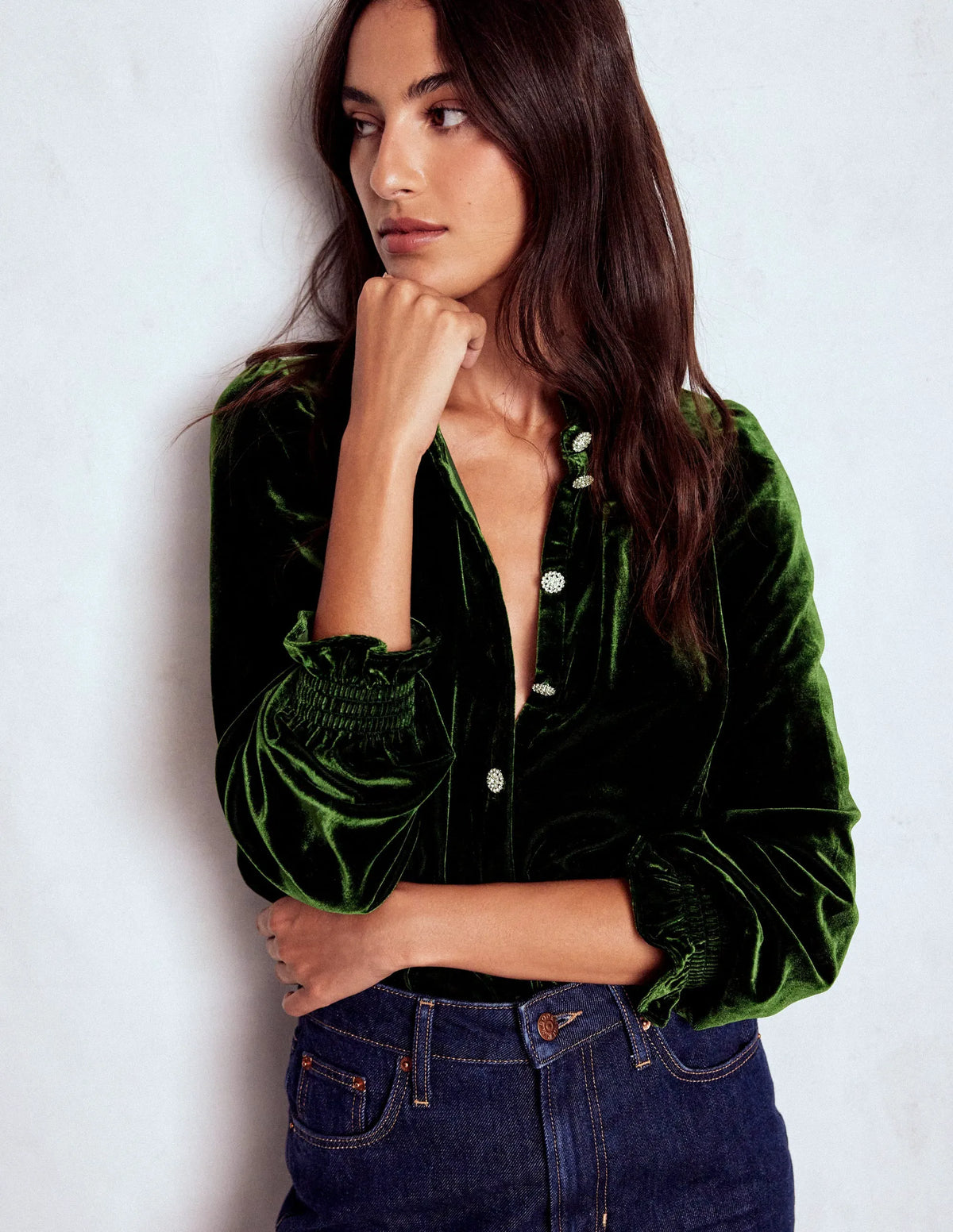 Lorna Pleat Neck Velvet Top-Green Fir