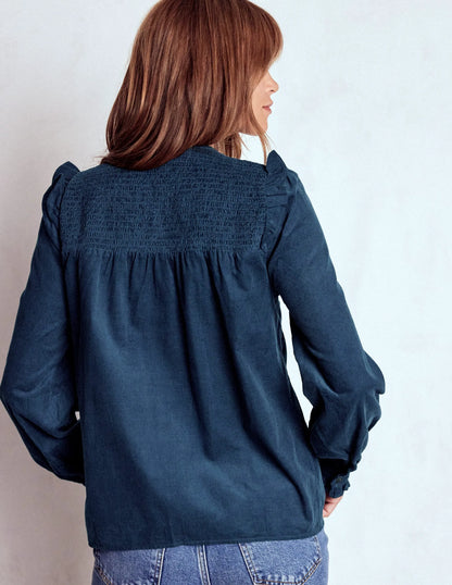 Smocked Yoke Cord Top-Midnight Ocean