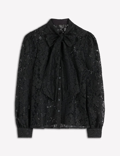 Lace Tie Neck Top-Black