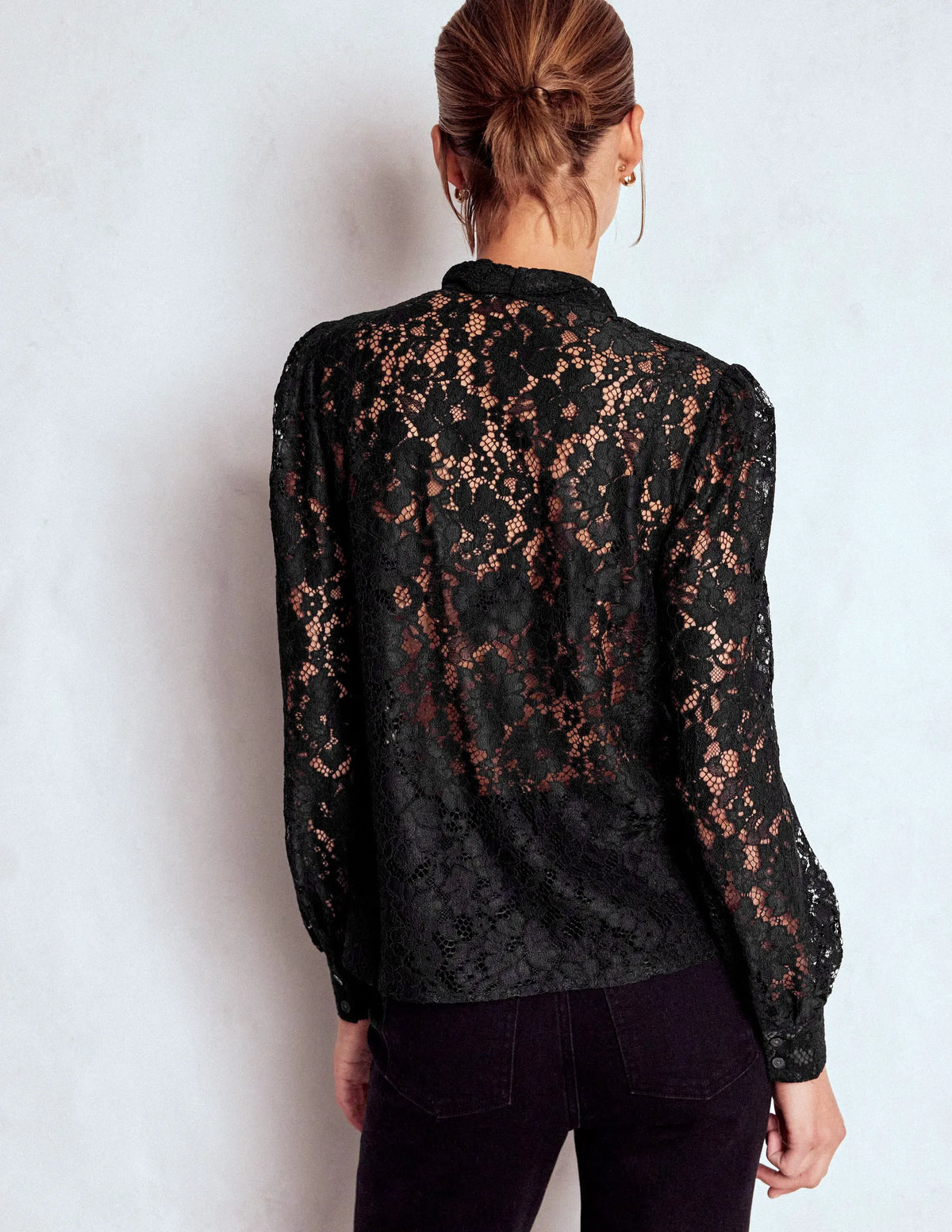 Lace Tie Neck Top-Black