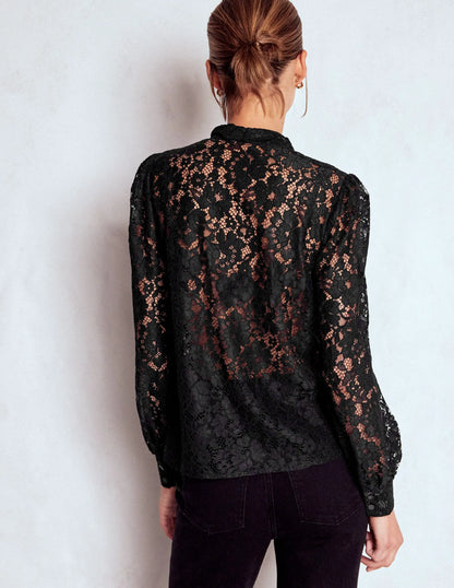 Lace Tie Neck Top-Black