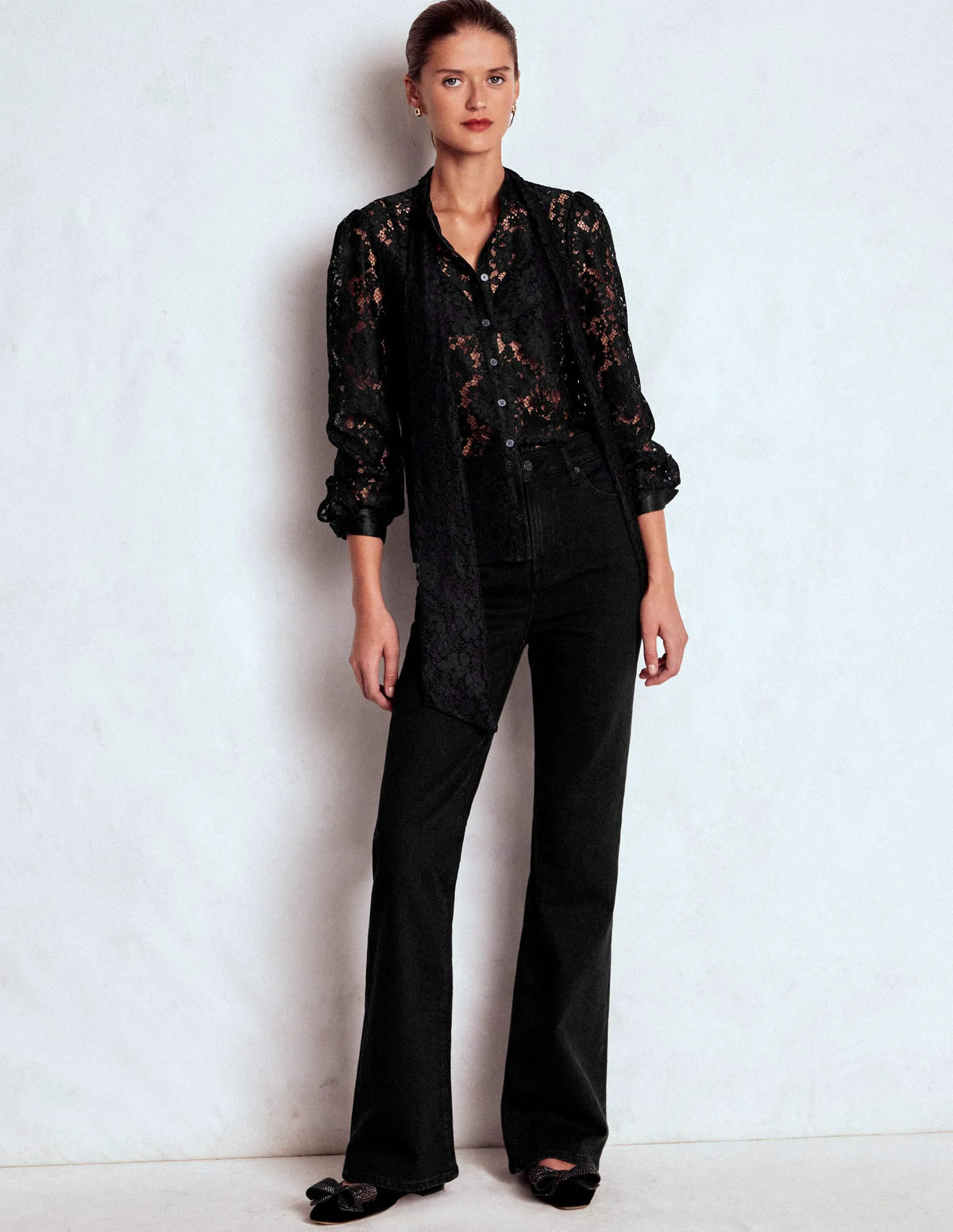 Lace Tie Neck Top-Black