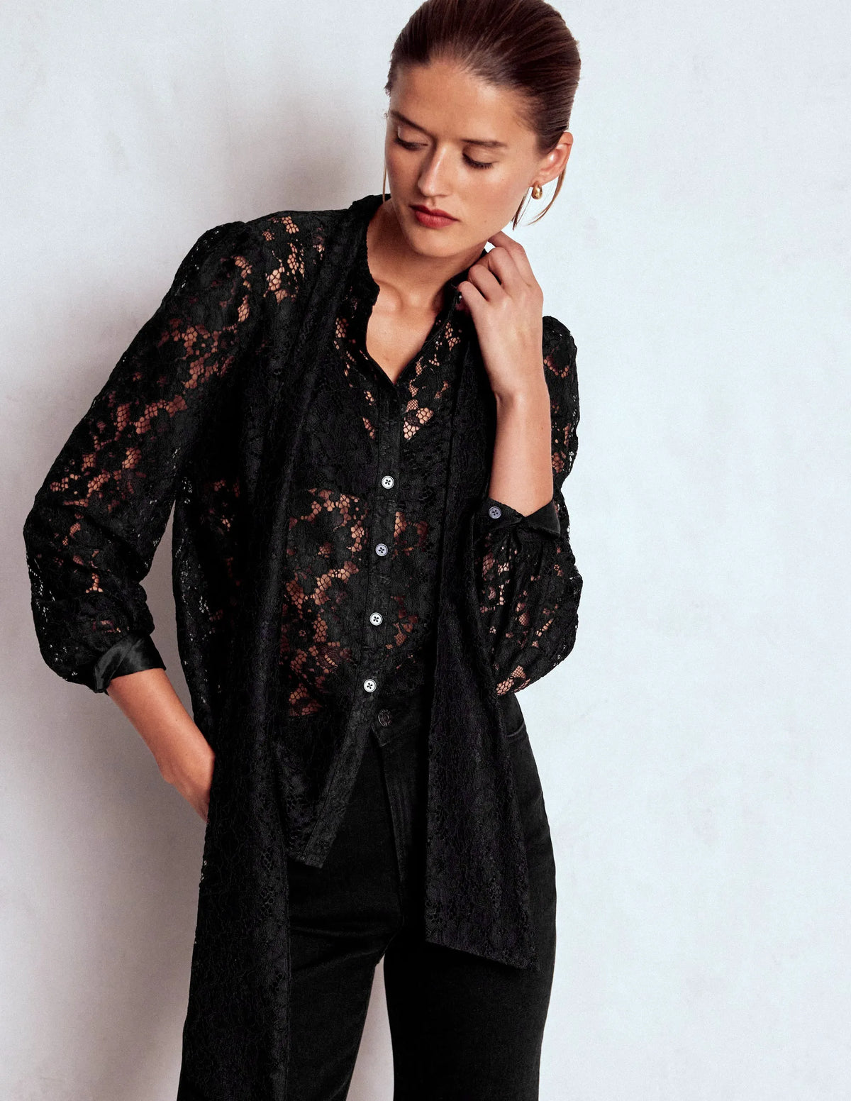 Lace Tie Neck Top-Black