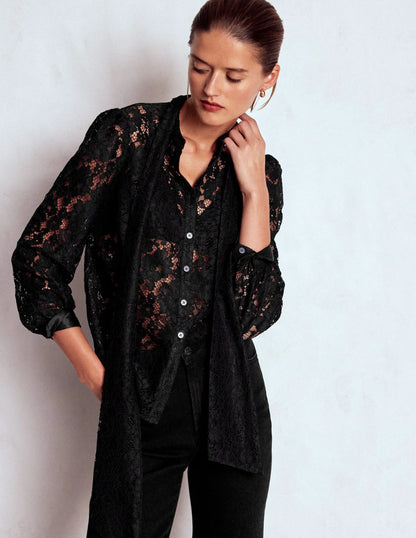 Lace Tie Neck Top-Black