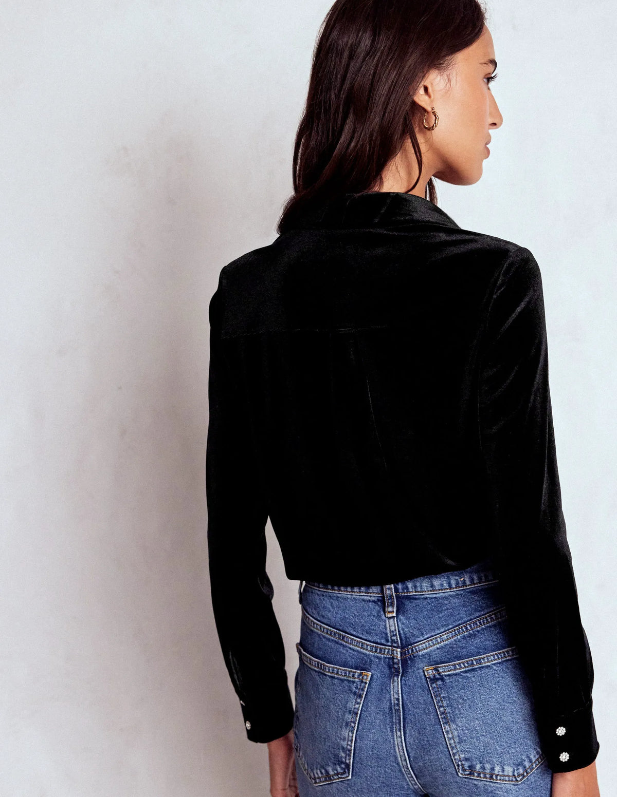 Jewel Button Velvet Shirt-Black