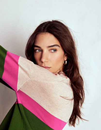 Lara Relaxed Cotton Jumper-Courtyard Green / Pink Yarrow