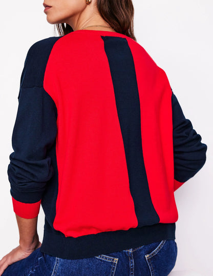 Lara Relaxed Cotton Cardigan-Navy, Poppy Red