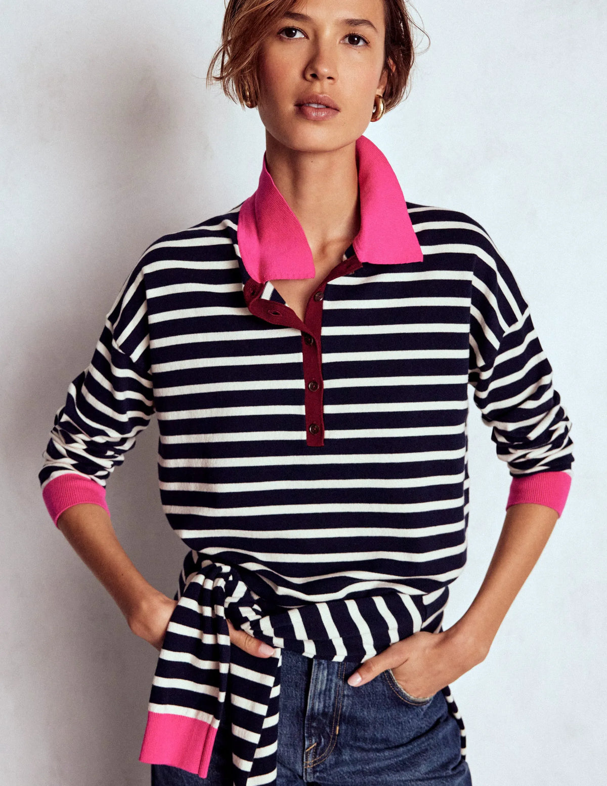 Lara Cotton Henley Jumper-Navy Stripe