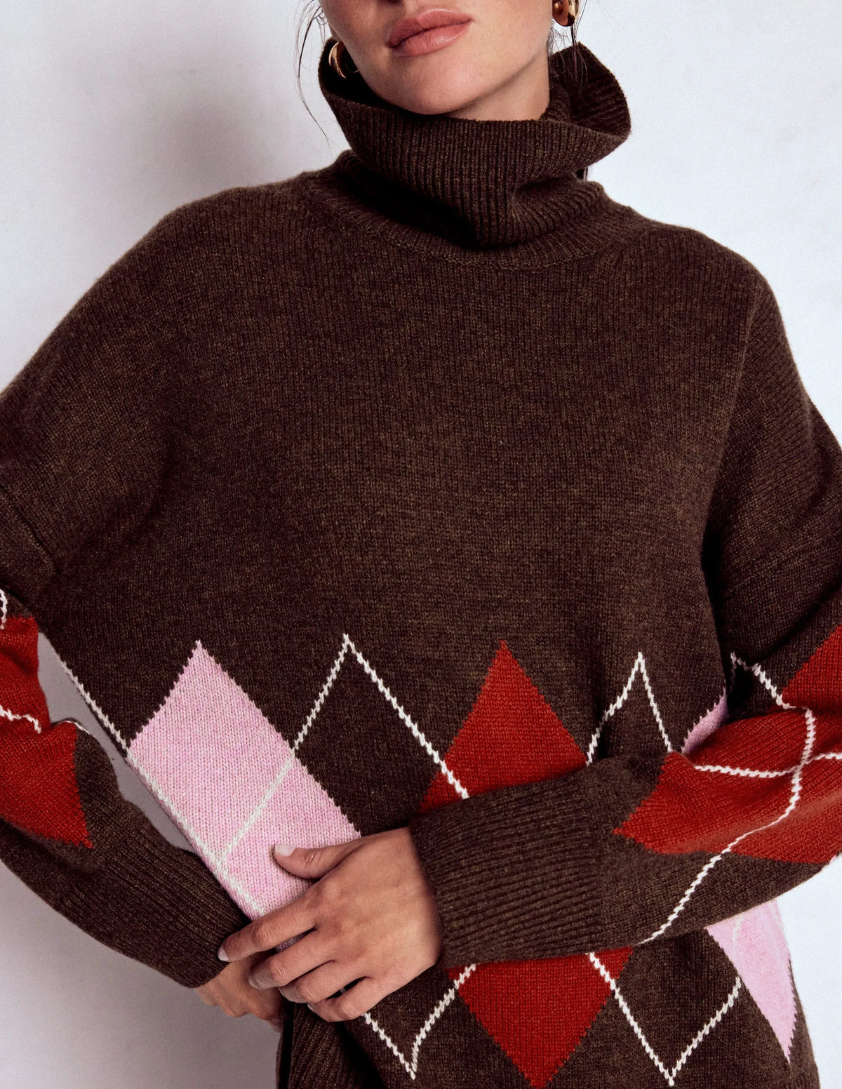 Polly Merino Roll Neck Sweater-Brown, Pink Argyle