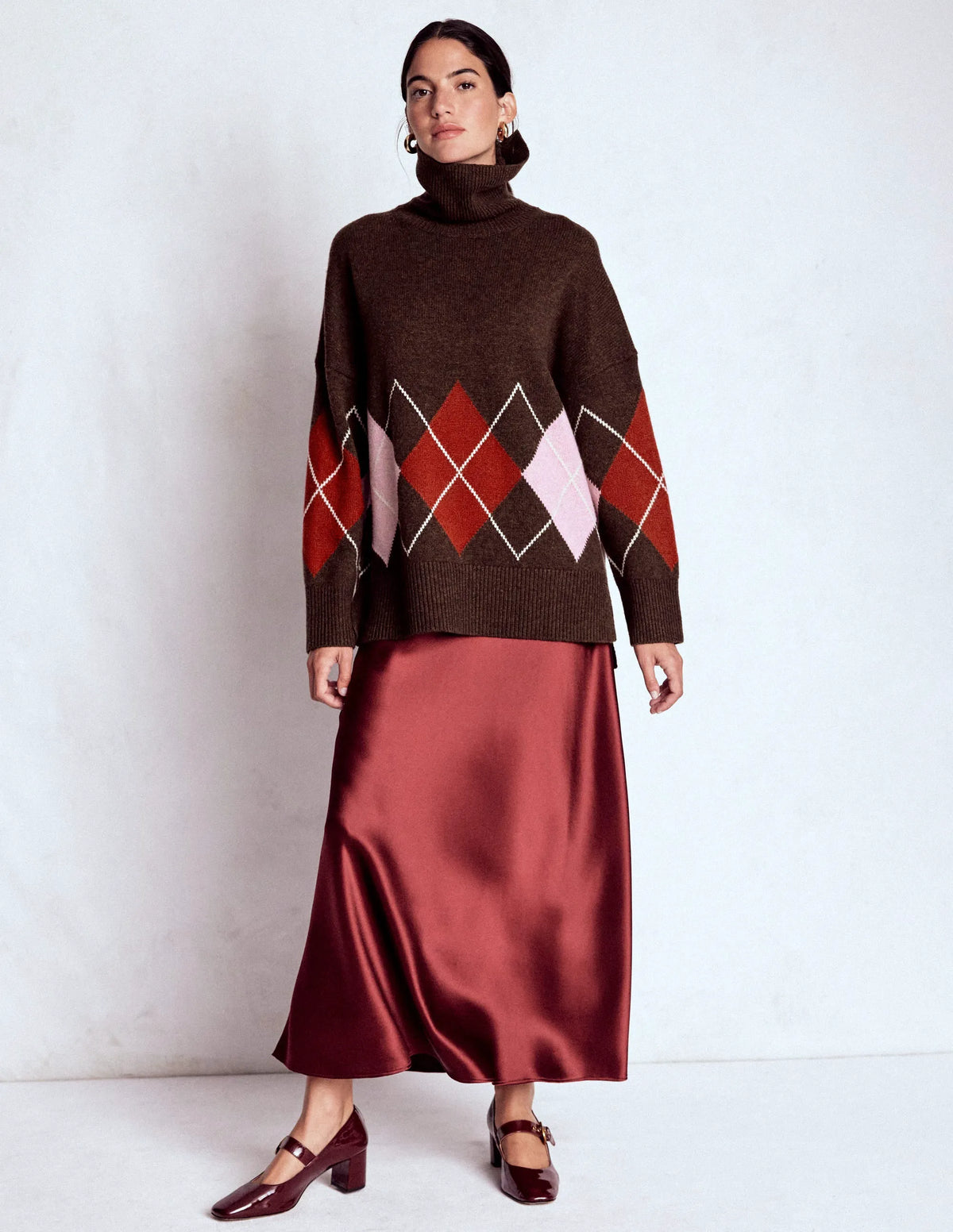 Polly Merino Roll Neck Sweater-Brown, Pink Argyle