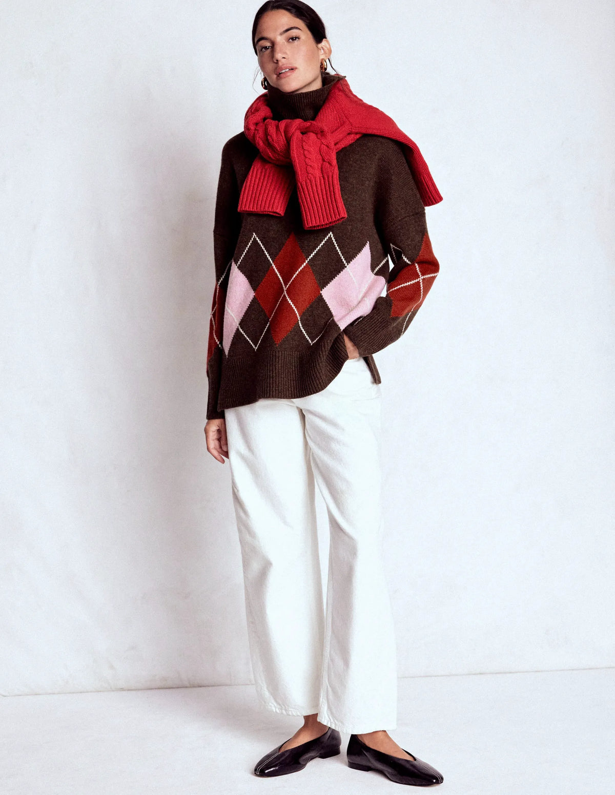Polly Merino Roll Neck Sweater-Brown, Pink Argyle