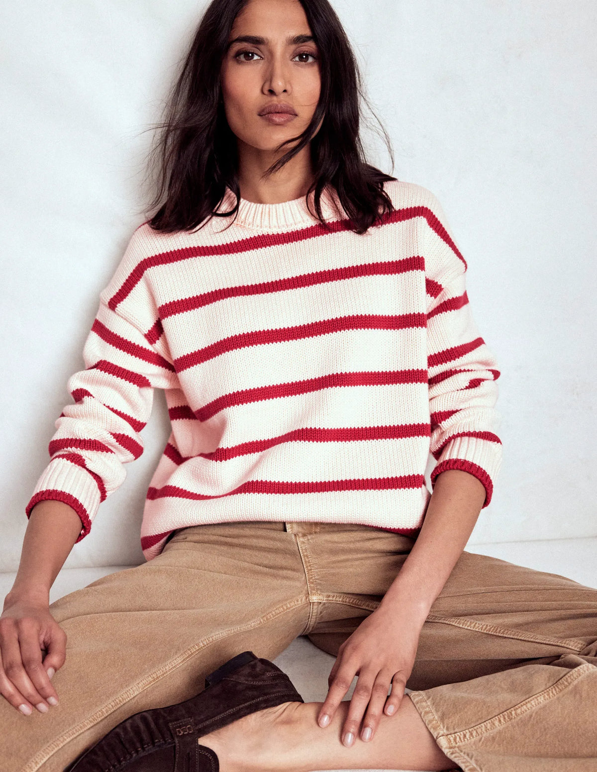 Lucy Oversized Cotton Jumper-Ivory, Red Stripe