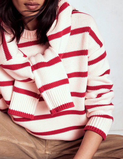 Lucy Oversized Cotton Jumper-Ivory, Red Stripe