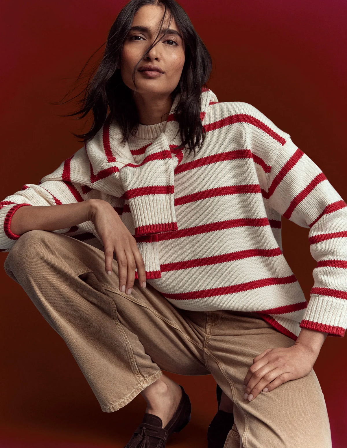 Lucy Oversized Cotton Jumper-Ivory, Red Stripe