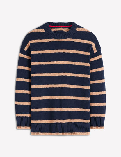 Lucy Oversized Cotton Jumper-Navy/ Camel Melange