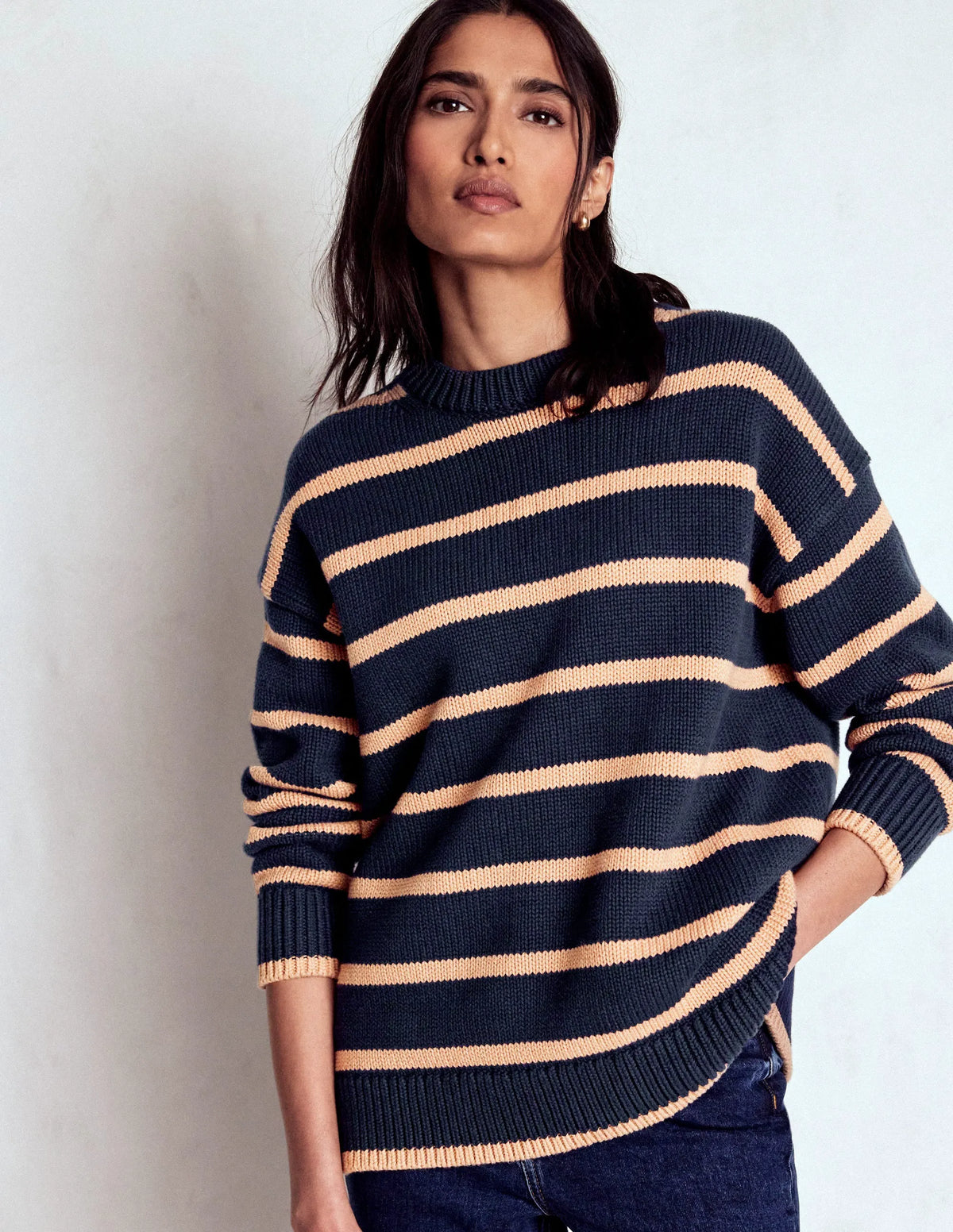 Lucy Oversized Cotton Jumper-Navy/ Camel Melange