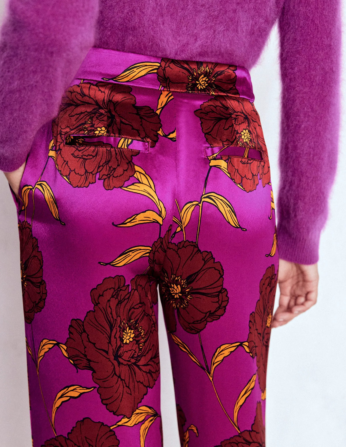 Feather Trim Pants-Regal Purple, Peony Bloom