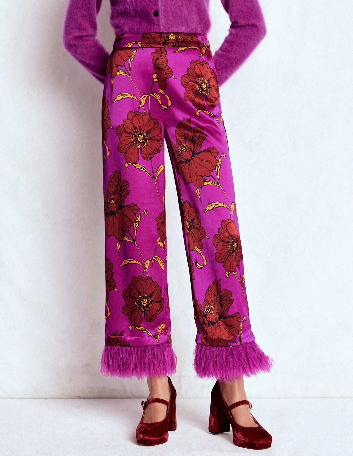 Feather Trim Pants-Regal Purple, Peony Bloom