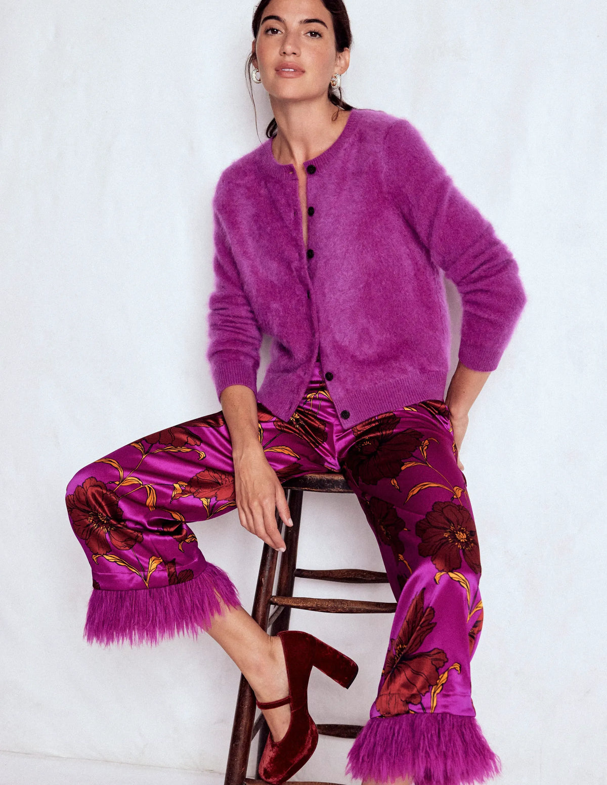 Feather Trim Pants-Regal Purple, Peony Bloom