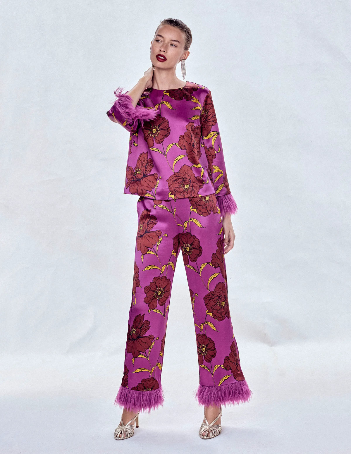Feather Trim Pants-Regal Purple, Peony Bloom