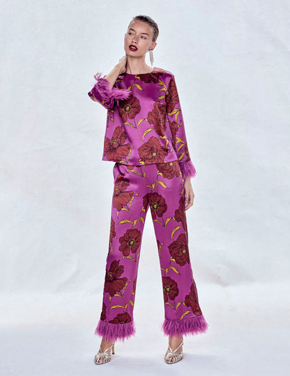 Feather Trim Pants-Regal Purple, Peony Bloom